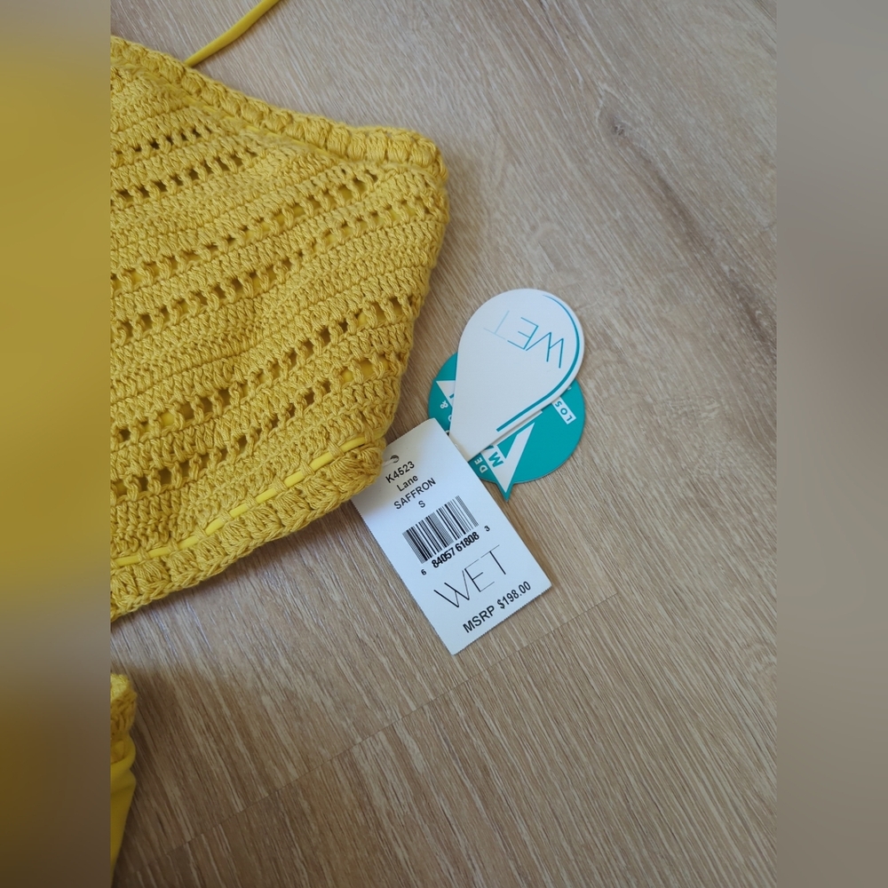 WET Lane Saffron Crochet Cutout Mustard Yellow Swimsuit One Piece XS, S $198 - Picture 5 of 8